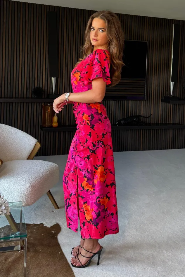 Priscilla Wrap Over Ruched Detail Midi Dress Pink Floral Women Girl In Mind Wrap Dresses