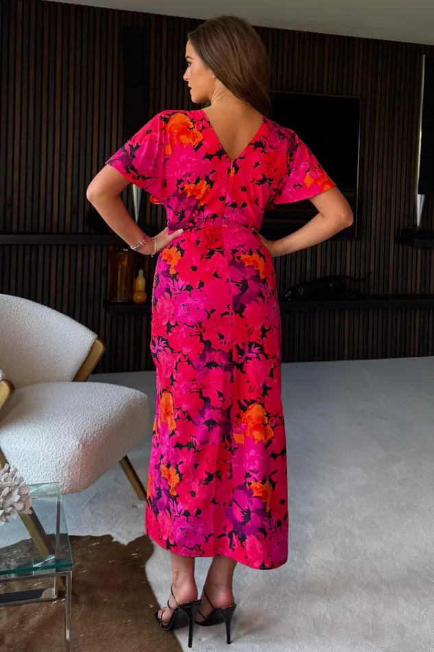 Priscilla Wrap Over Ruched Detail Midi Dress Pink Floral Women Girl In Mind Wrap Dresses