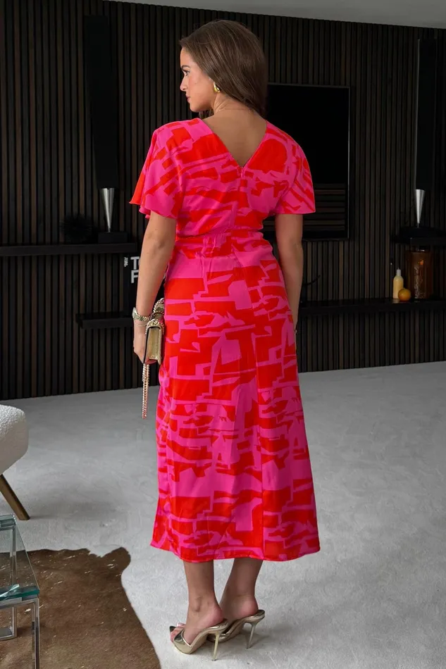 Priscilla Wrap Over Ruched Detail Midi Dress Pink Women Girl In Mind Wrap Dresses