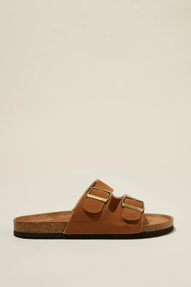 Rex Double Buckle Slide Sienna Brown Micro Women Cotton On Shoes and Slippers