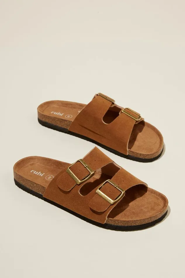 Rex Double Buckle Slide Sienna Brown Micro Women Cotton On Shoes and Slippers Rex Double Buckle Slide Sienna Brown Micro Women Cotton On Shoes and Slippers