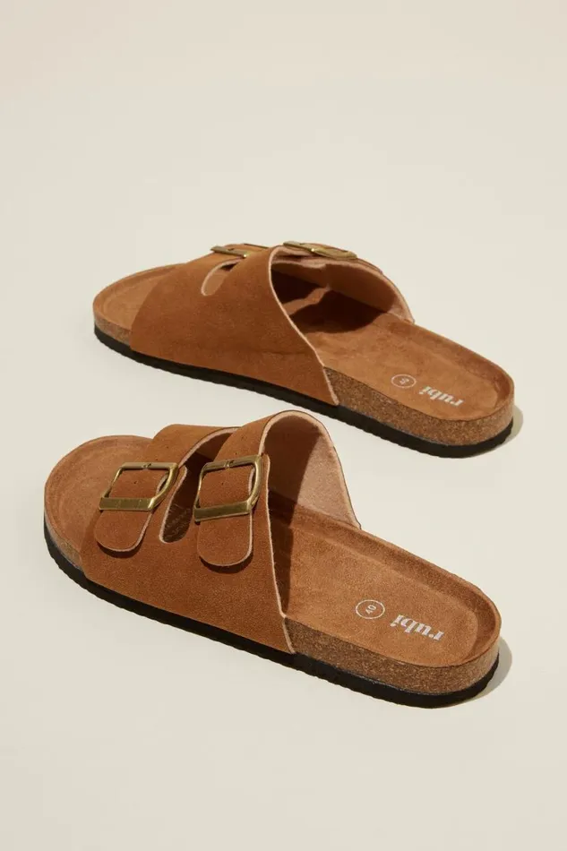 Rex Double Buckle Slide Sienna Brown Micro Women Cotton On Shoes and Slippers Rex Double Buckle Slide Sienna Brown Micro Women Cotton On Shoes and Slippers