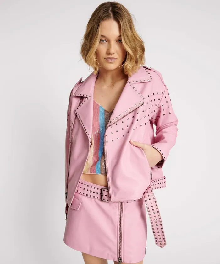 RIZZO PINK STUDDED LEATHER MOTO JACKET Women One Teaspoon Jackets RIZZO PINK STUDDED LEATHER MOTO JACKET Women One Teaspoon Jackets