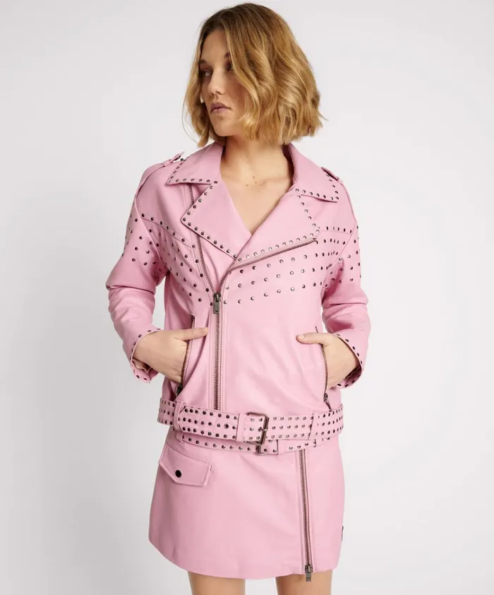 RIZZO PINK STUDDED LEATHER MOTO JACKET Women One Teaspoon Jackets RIZZO PINK STUDDED LEATHER MOTO JACKET Women One Teaspoon Jackets