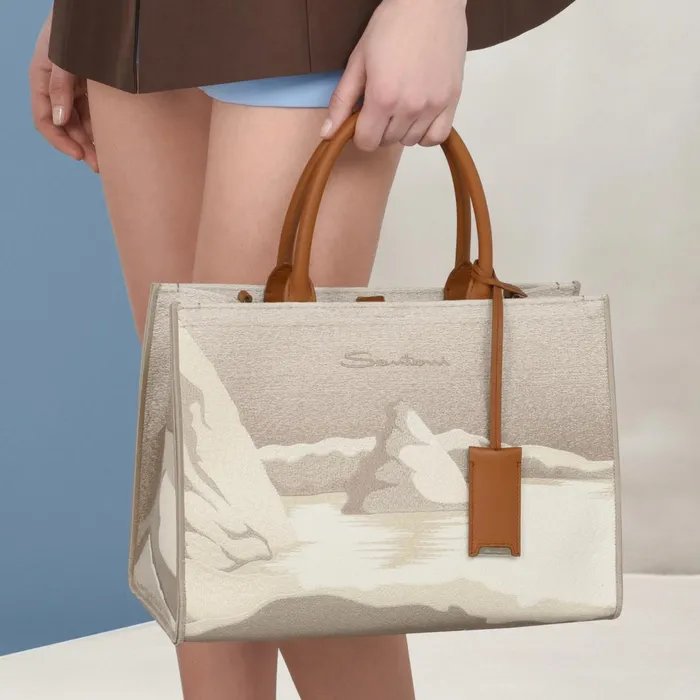 Santoni Beige Fabric Medium Tote Bag MenWomen Home Accessories