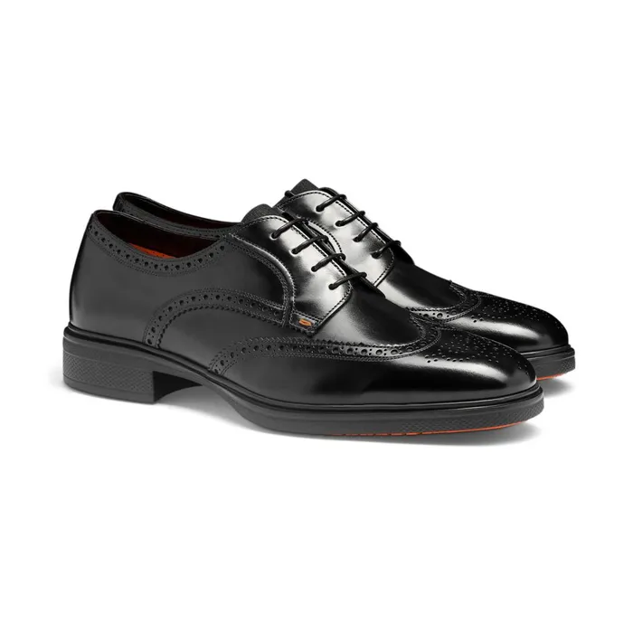 Santoni Black Leather Easy Brogue LaceUp Men LaceUps