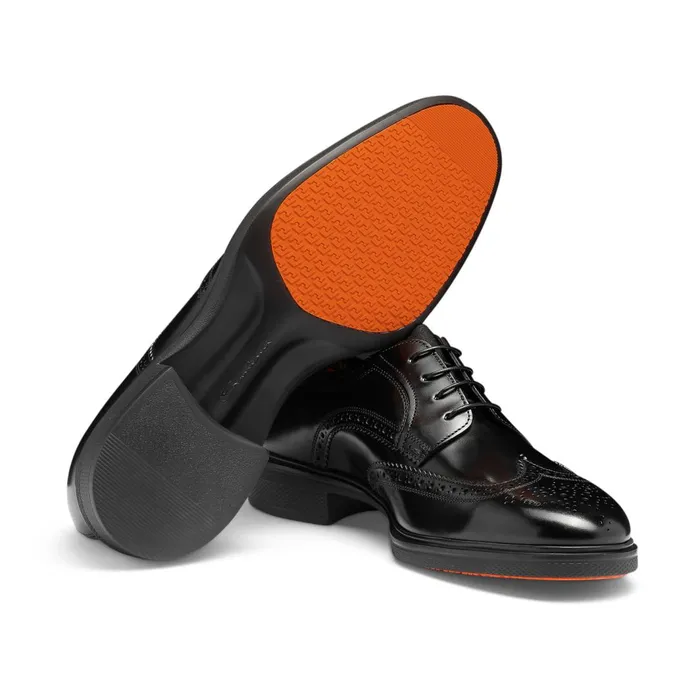 Santoni Black Leather Easy Brogue LaceUp Men LaceUps