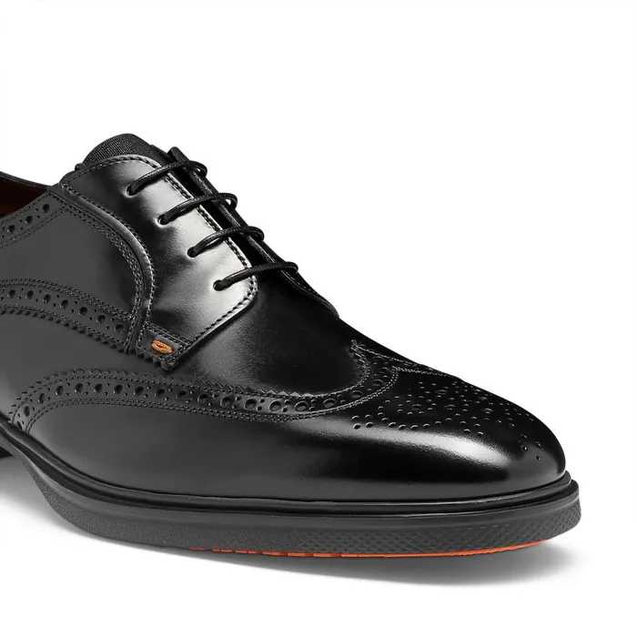 Santoni Black Leather Easy Brogue LaceUp Men LaceUps