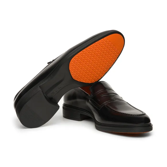 Santoni Black Leather Easy Loafer Men Loafers