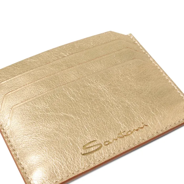 Santoni Gold Laminated Leather Credit Card Holder Women Small Leather Goods