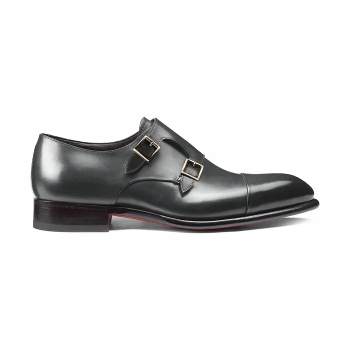 Santoni Grey Leather DoubleBuckle Shoe Men Double Buckle