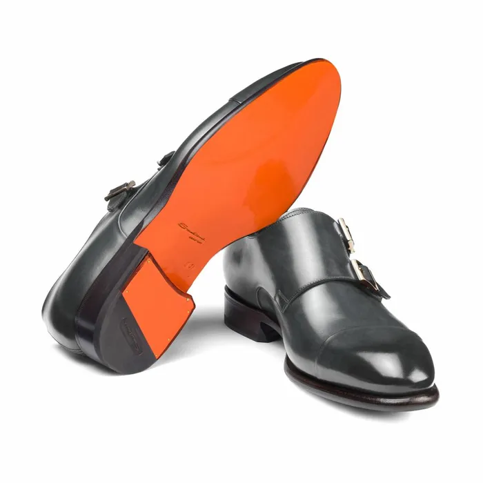 Santoni Grey Leather DoubleBuckle Shoe Men Double Buckle