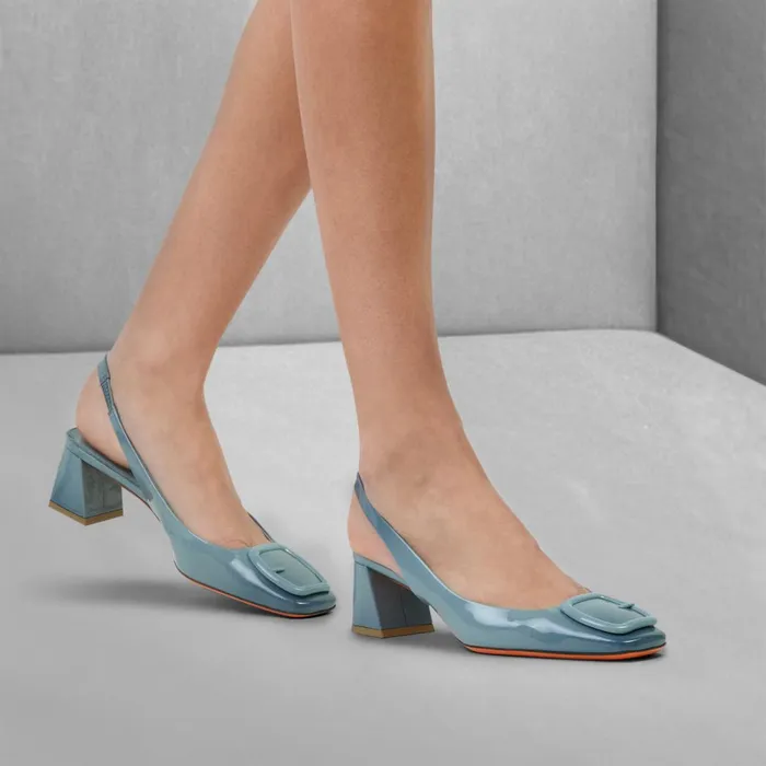 Santoni Light Blue Patent Leather MidHeel Slingback Women Pumps and Heels