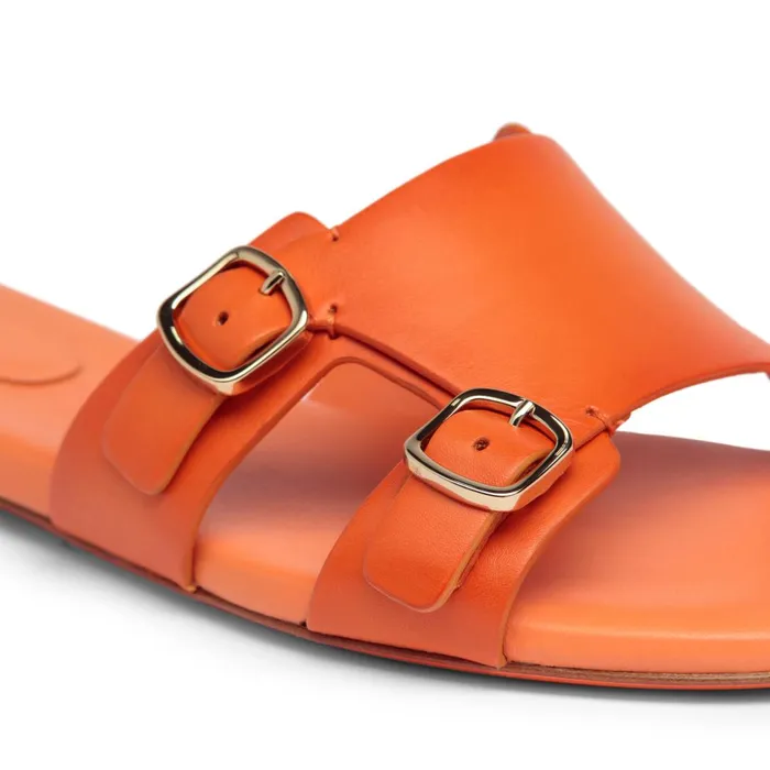 Santoni Orange Leather DoubleBuckle Slide Sandal Women Sandals