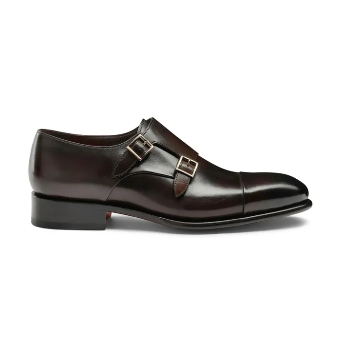 Santoni Polished Brown Leather DoubleBuckle Shoe Men Double Buckle