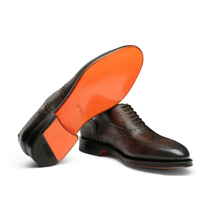 Santoni Polished Brown Leather Oxford Shoe Men LaceUps