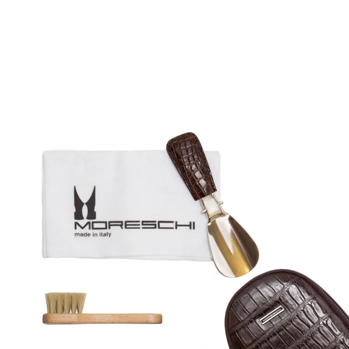 Shoe Care Men Moreschi Dark Brown Crocodile Skin Shoe Care Travel Pouch
