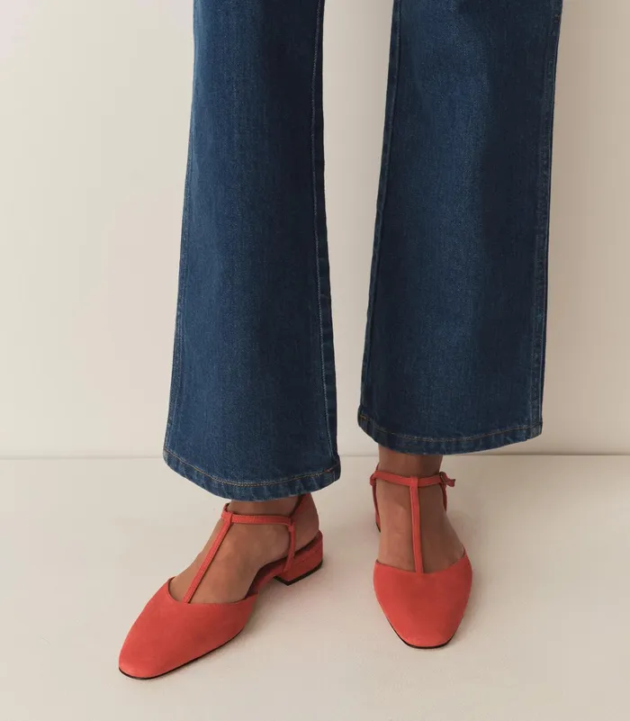 Shoes Women DEN Cristina TStrap Flat Fuego Suede