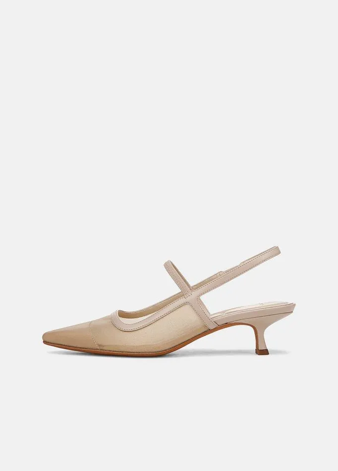 Shoes Women Vince Venice Leather And Mesh Slingback Kitten Heel Birch Sand