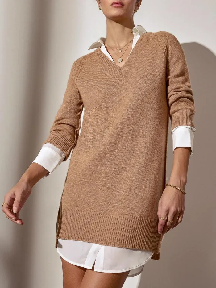 Shop Brochu Walker Dresses The Looker Layered VNeck Dress Camel Melange With White Underlayer