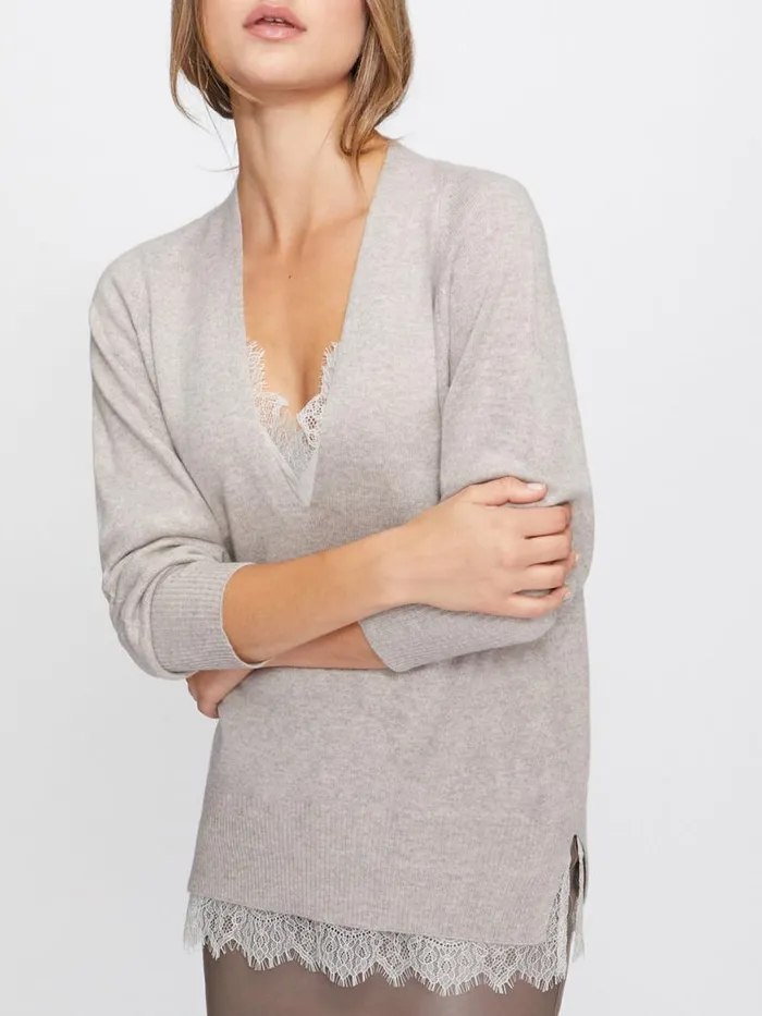 Shop Brochu Walker Sweaters The Lace Vee Looker Pullover Light Chia Melange With Ivory Lace