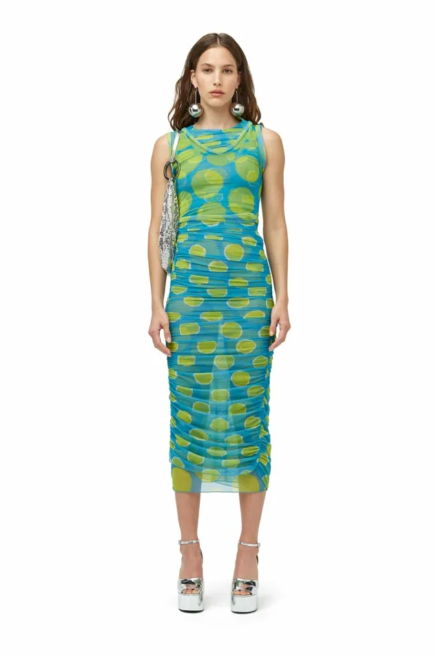 Simon Miller Dresses Women Mesh Cielo Dress Suburban Blue Valley Green Dot Print