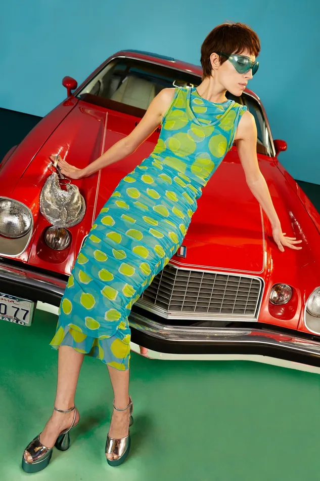Simon Miller Dresses Women Mesh Cielo Dress Suburban Blue Valley Green Dot Print Simon Miller Dresses Women Mesh Cielo Dress Suburban Blue Valley Green Dot Print