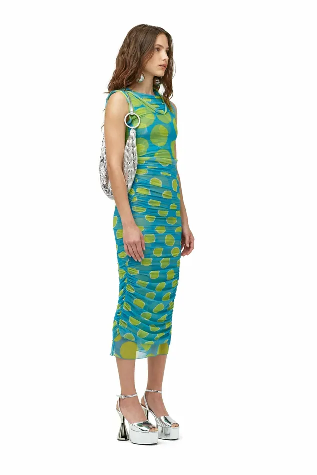 Simon Miller Dresses Women Mesh Cielo Dress Suburban Blue Valley Green Dot Print Simon Miller Dresses Women Mesh Cielo Dress Suburban Blue Valley Green Dot Print