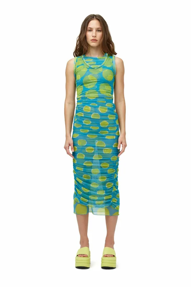 Simon Miller Dresses Women Mesh Cielo Dress Suburban Blue Valley Green Dot Print Simon Miller Dresses Women Mesh Cielo Dress Suburban Blue Valley Green Dot Print