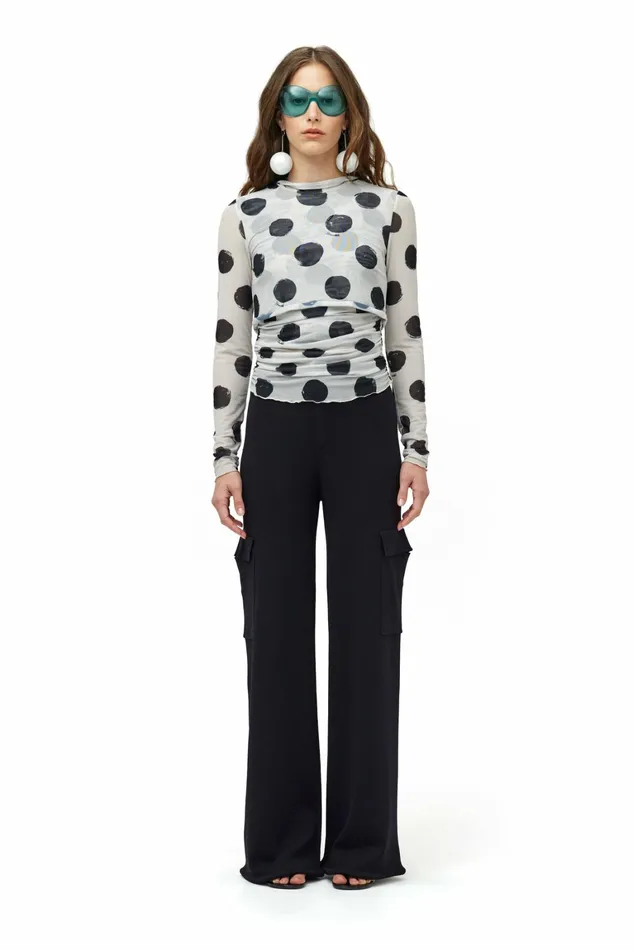 Simon Miller Tops Women Mesh Aku Top Macadamia Black Dot Print