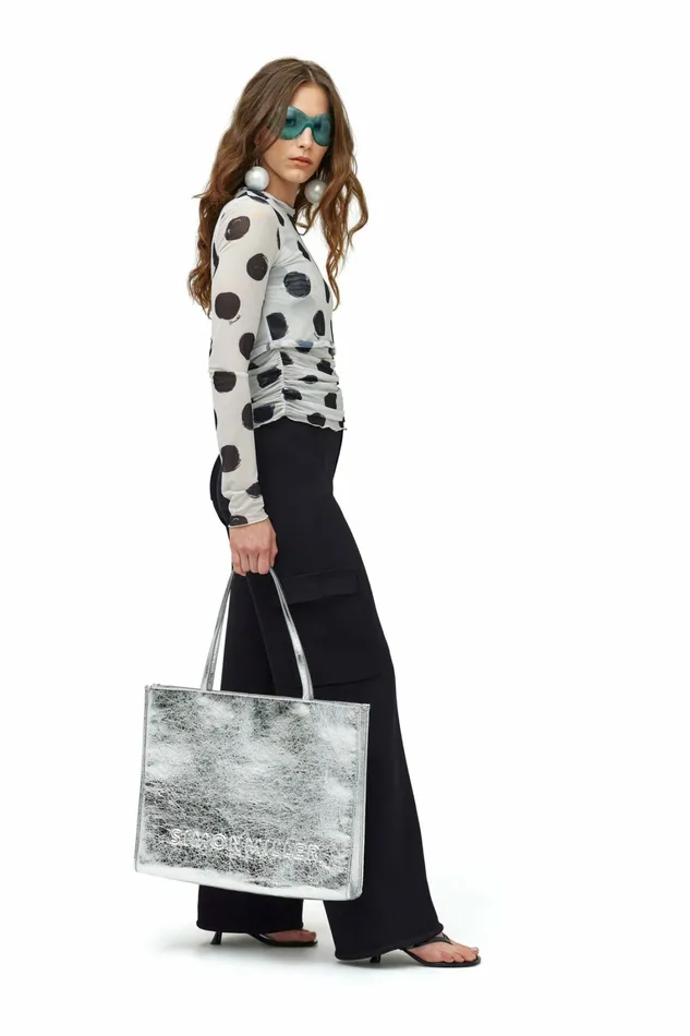 Simon Miller Tops Women Mesh Aku Top Macadamia Black Dot Print Simon Miller Tops Women Mesh Aku Top Macadamia Black Dot Print