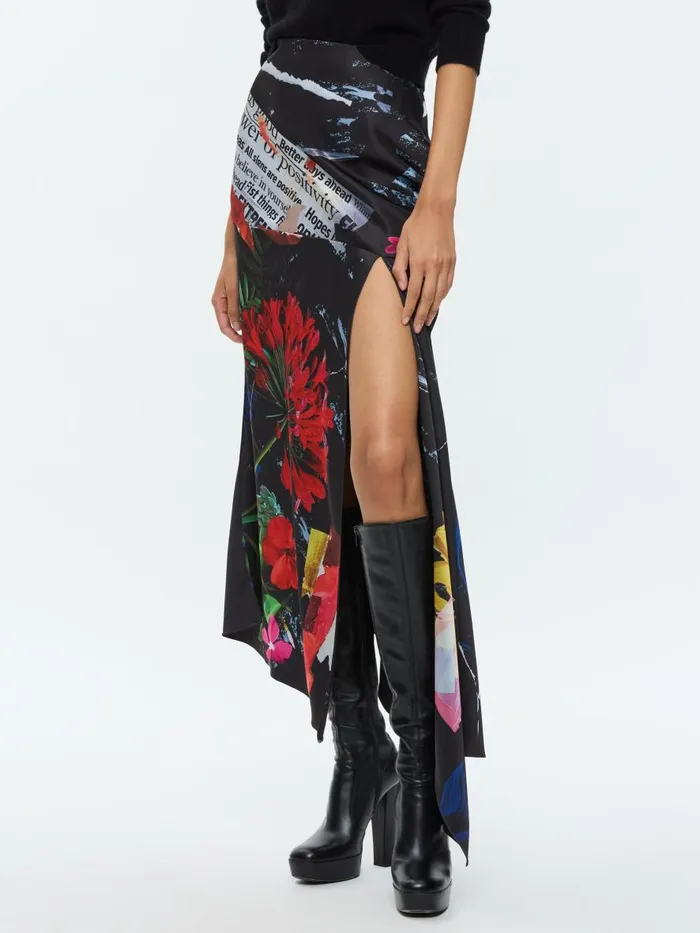 Skirts Women Alice Olivia AYLA ASYMMETRIC HIGH SLIT MIDI SKIRT Azalea Floral