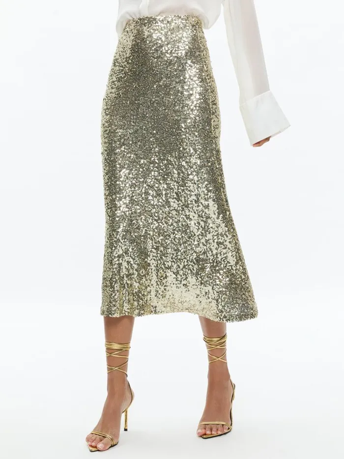 Skirts Women Alice Olivia MAEVE SEQUIN KICK FLARE SLIP SKIRT Champagnesilver