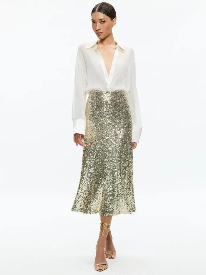 Skirts Women Alice Olivia MAEVE SEQUIN KICK FLARE SLIP SKIRT Champagnesilver