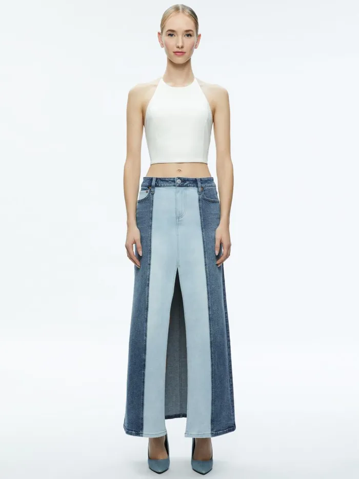 Skirts Women Alice Olivia RYE DENIM TWO TONE MAXI SKIRT Brooklyn Blue