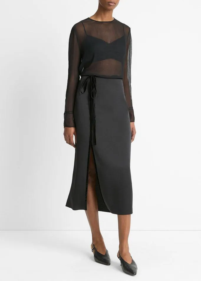 Skirts Women Vince VelvetTrim SideSlit Skirt Black Skirts Women Vince VelvetTrim SideSlit Skirt Black
