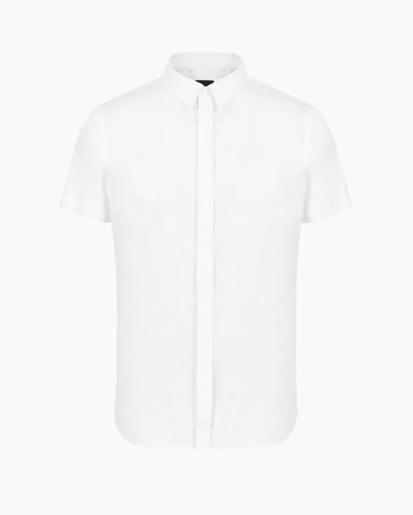 Slim Fit Short Sleeve Shirt In Stretch Satin White Men Armani Shirts