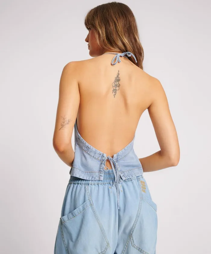SOFT BLUE TENCEL HALTER TOP Women One Teaspoon Tops SOFT BLUE TENCEL HALTER TOP Women One Teaspoon Tops