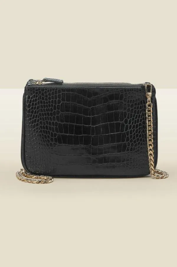 Sosandar Bags and Belts Women Black Luxe Leather Croc Effect Bag With Gold Chain Strap Black