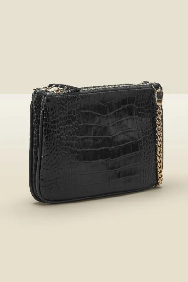 Sosandar Bags and Belts Women Black Luxe Leather Croc Effect Bag With Gold Chain Strap Black