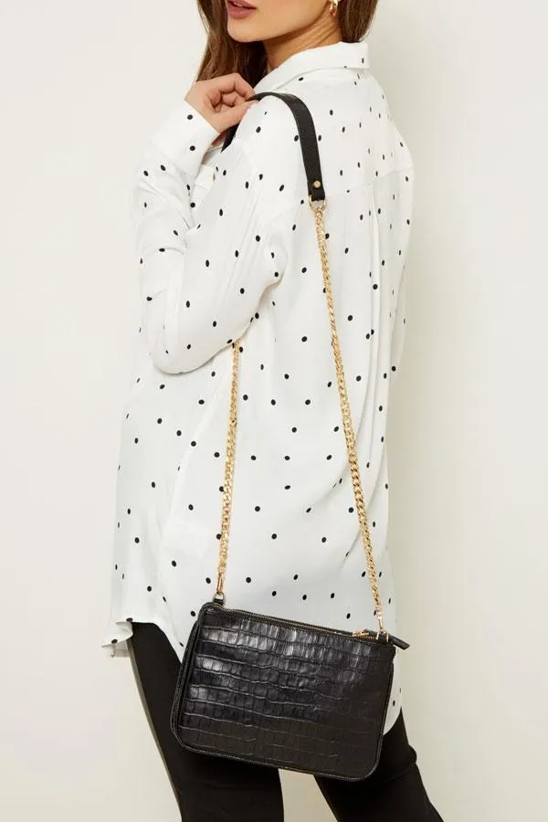 Sosandar Bags and Belts Women Black Luxe Leather Croc Effect Bag With Gold Chain Strap Black