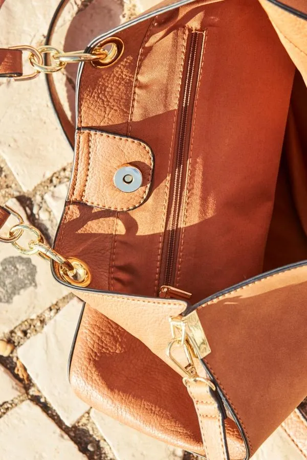 Sosandar Bags and Belts Women Tan Faux Suede and Leather Tote Bag With Shoulder Strap Tan