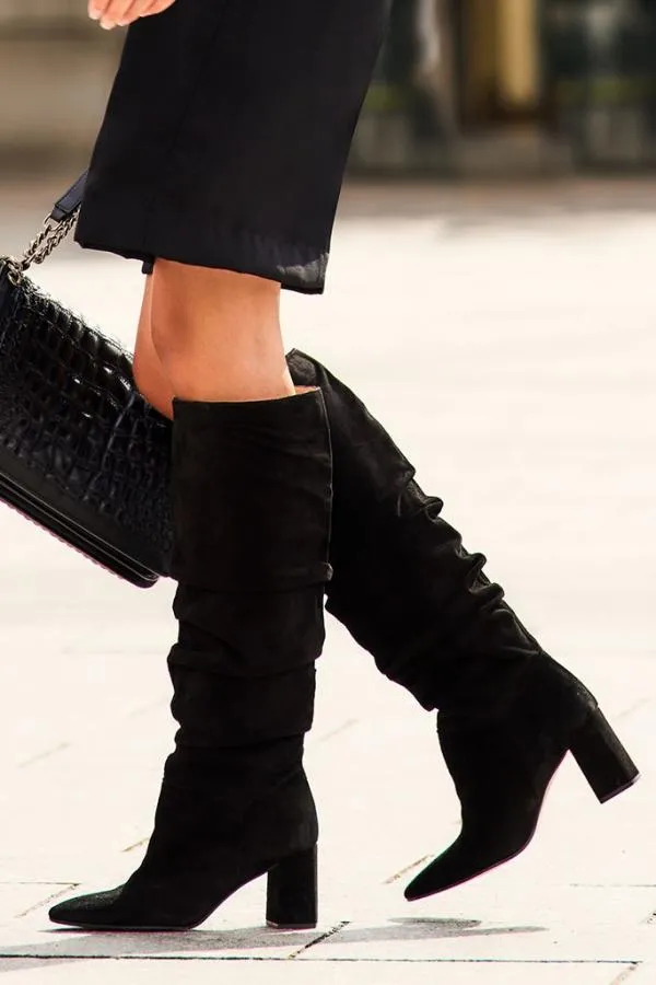 Sosandar Boots Women Black Suede Pull On Knee High Boot Black