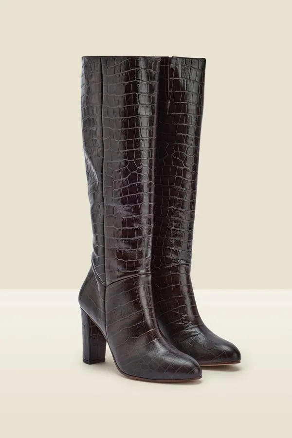 Sosandar Boots Women Blake Chocolate Brown Croc Leather Knee High Boot Chocolate Brown