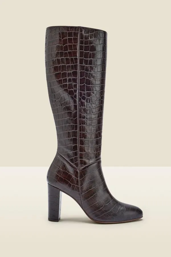 Sosandar Boots Women Blake Chocolate Brown Croc Leather Knee High Boot Chocolate Brown
