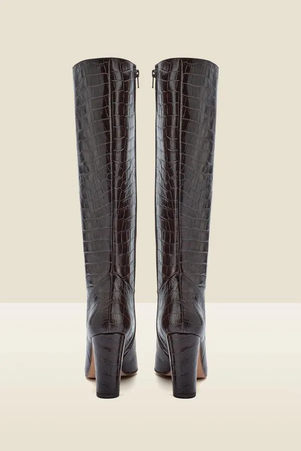 Sosandar Boots Women Blake Chocolate Brown Croc Leather Knee High Boot Chocolate Brown
