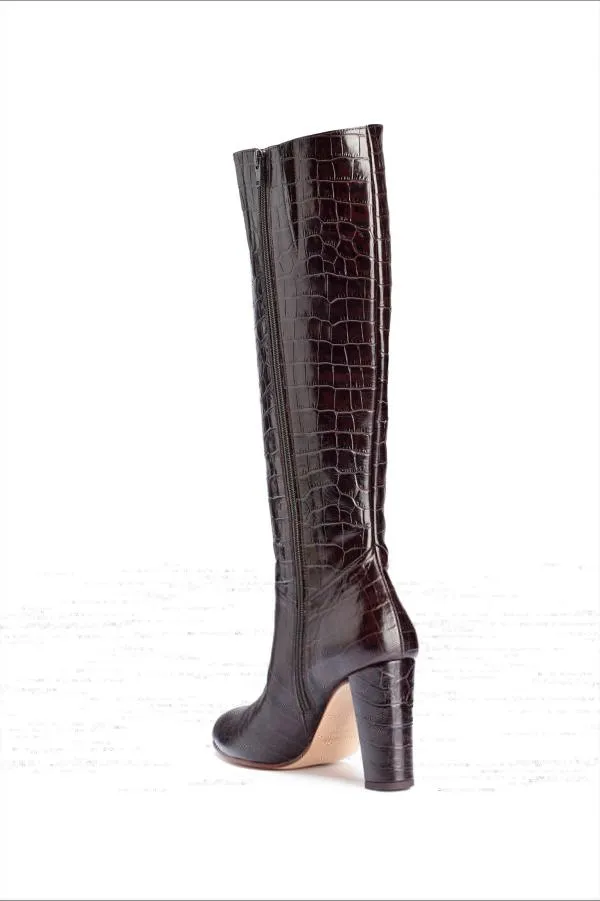 Sosandar Boots Women Blake Chocolate Brown Croc Leather Knee High Boot Chocolate Brown
