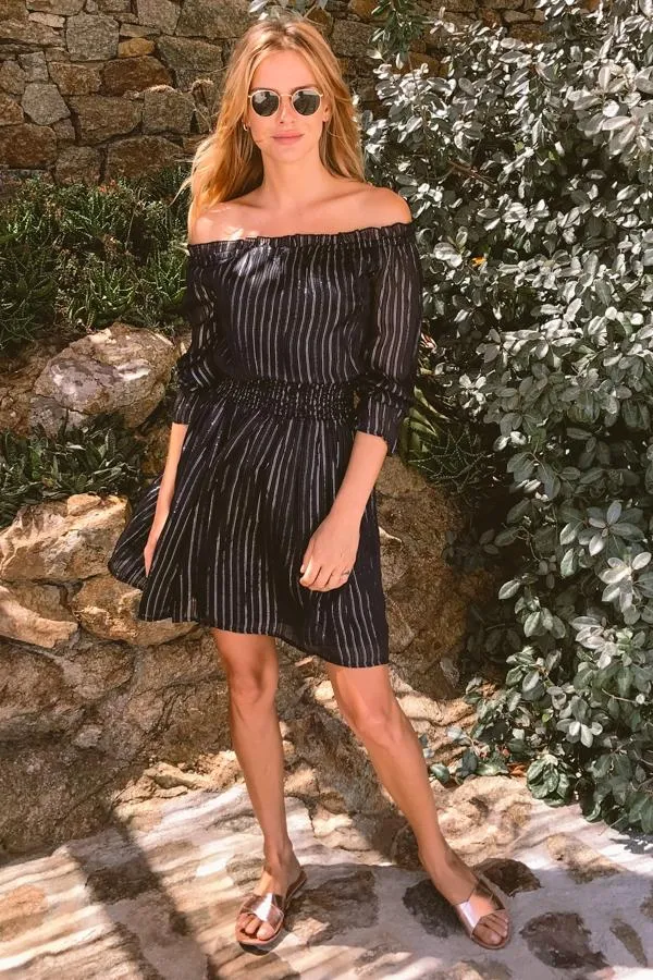 Sosandar Dresses Women Black and Silver Lurex Stripe Bardot Dress Black Silver