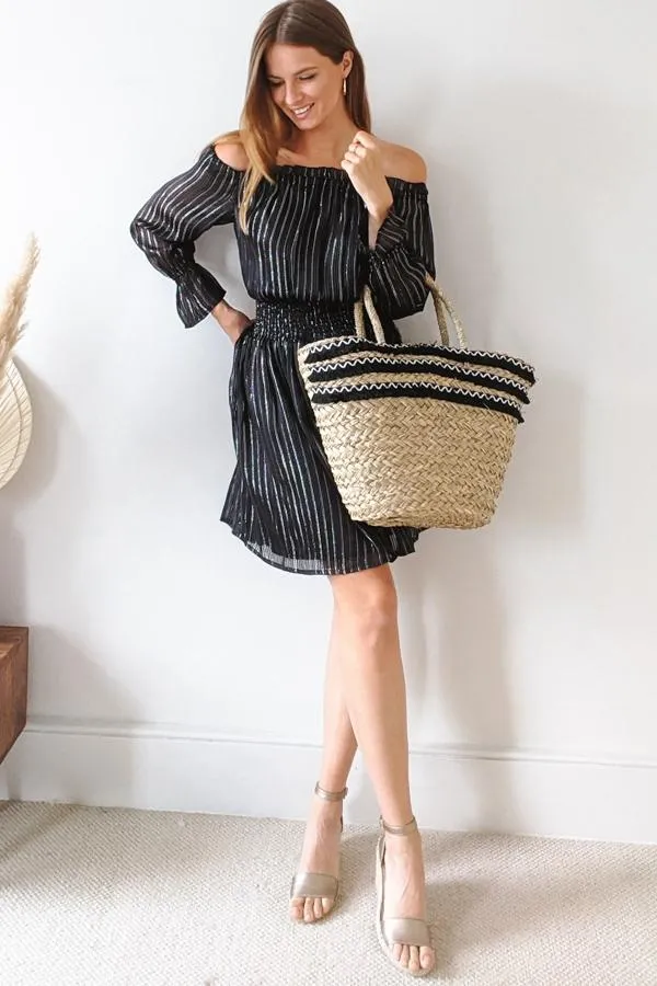 Sosandar Dresses Women Black and Silver Lurex Stripe Bardot Dress Black Silver