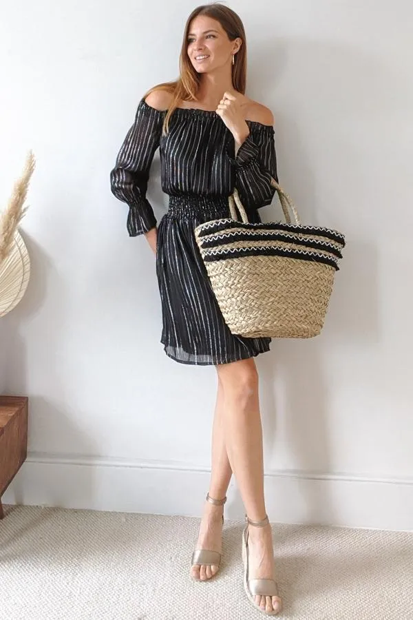 Sosandar Dresses Women Black and Silver Lurex Stripe Bardot Dress Black Silver